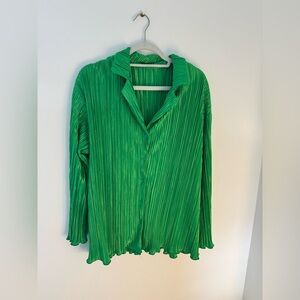 Vibrant Green Pleated Button-Up Blouse